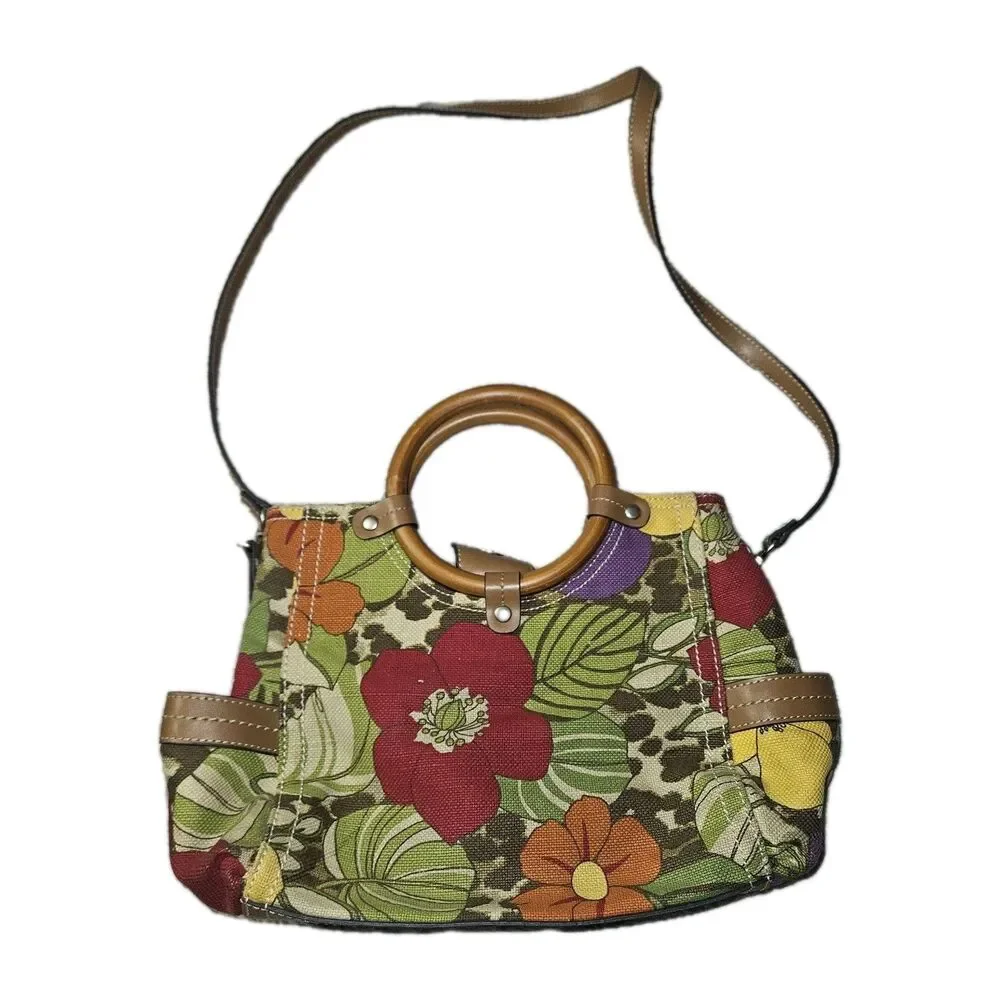 Y2K Relic Fossil Leopard Floral Bag Purse Wooden Handles Crossbody Denim Canvas